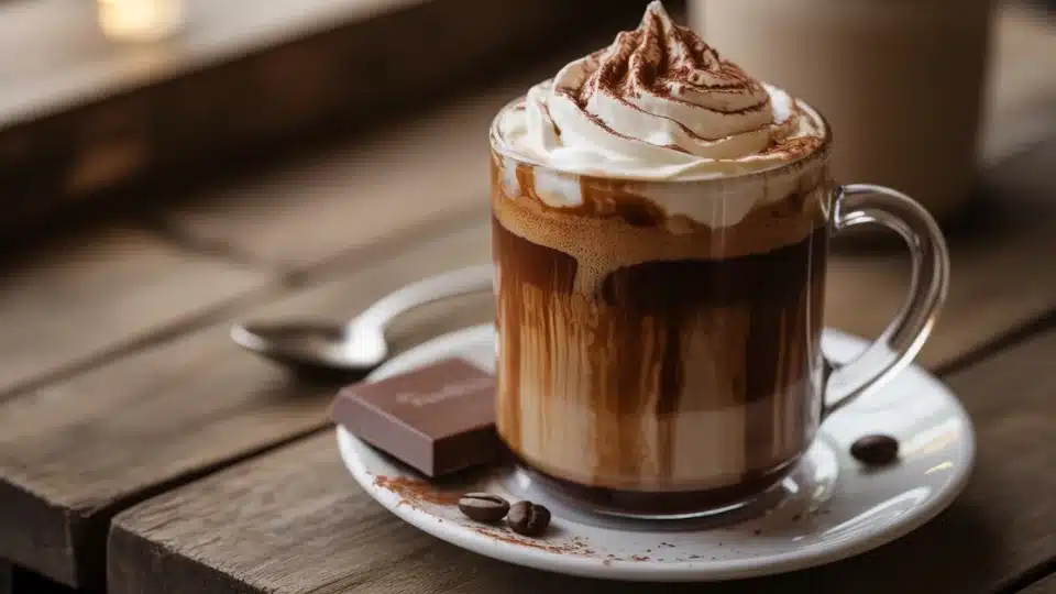 glass mug of mocha with whipped cream and cocoa dust on saucer with chocolate and beans