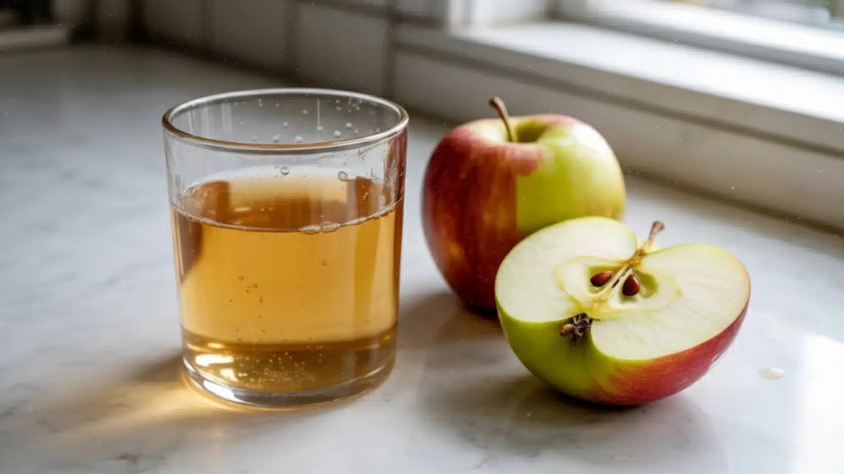 glass of apple cider beside whole and sliced apple on kitchen countertop near window in natural daylight