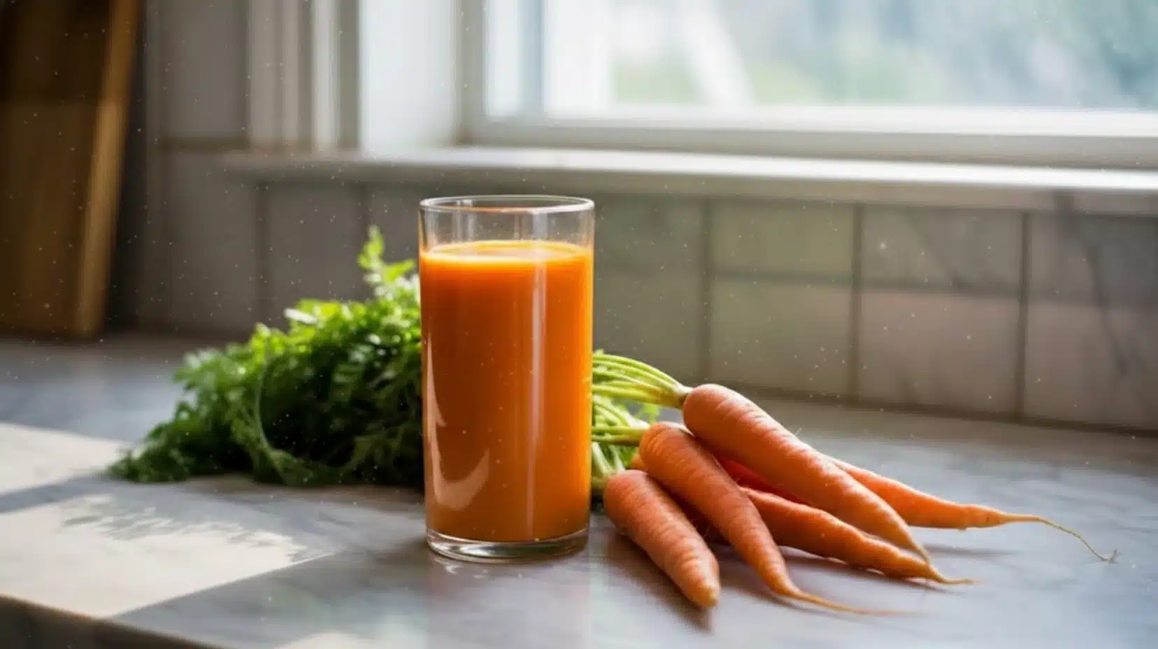 glass of fresh carrot juice with whole carrots and leafy tops on kitchen countertop in natural morning light