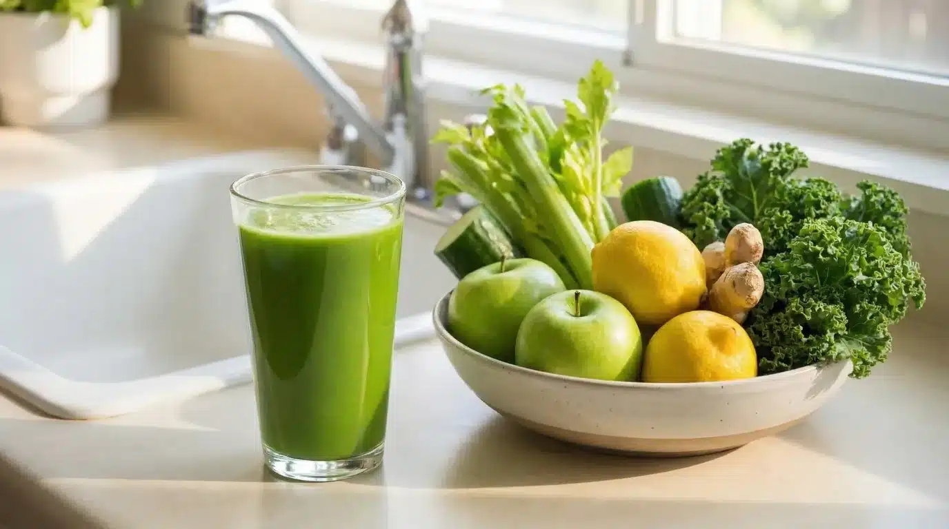 glass of fresh green detox juice beside bowl of kale, celery, apples, lemons, cucumber, and ginger on kitchen counter