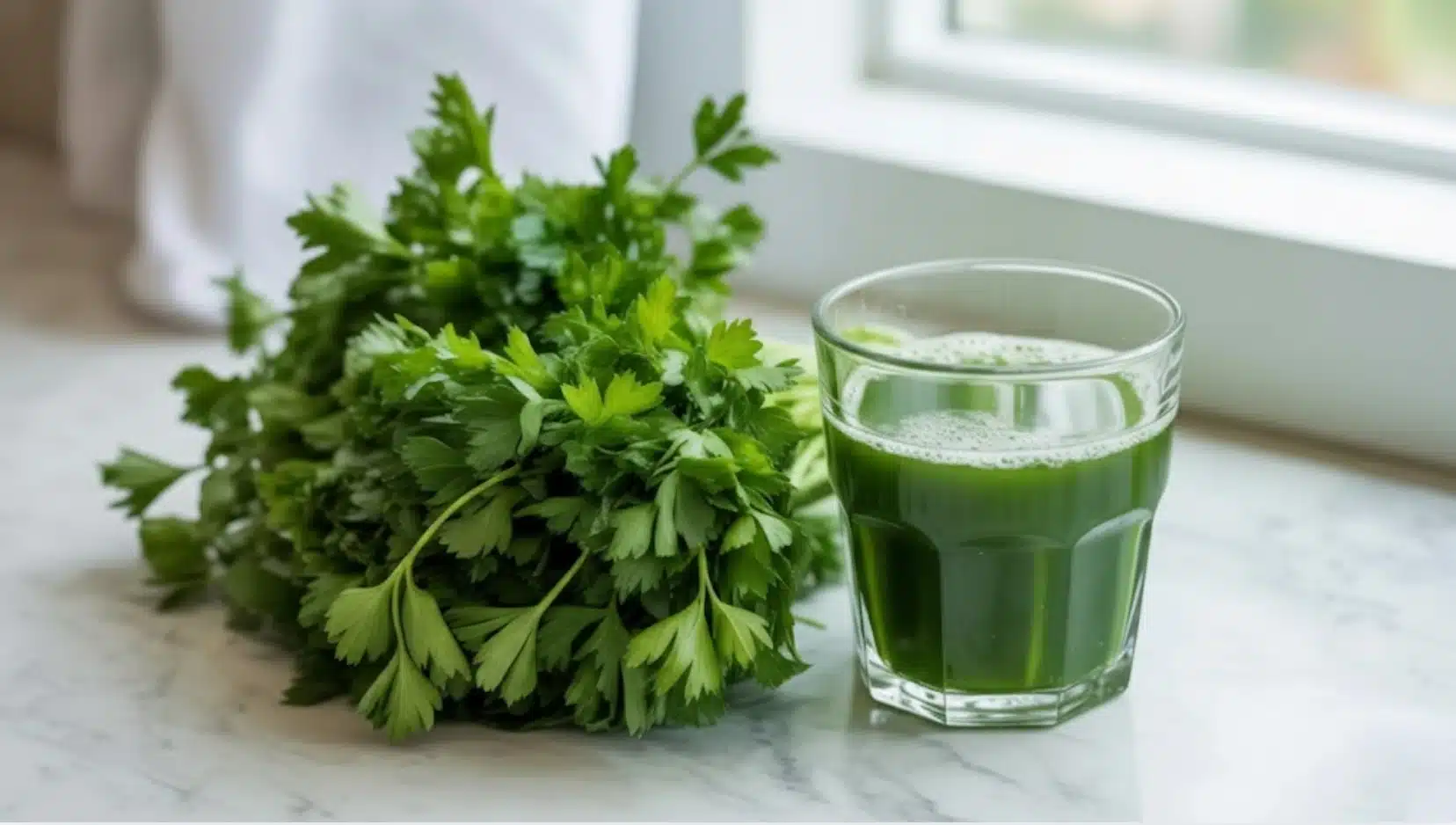 glass of fresh parsley juice beside bunch of parsley leaves on kitchen countertop in natural window light