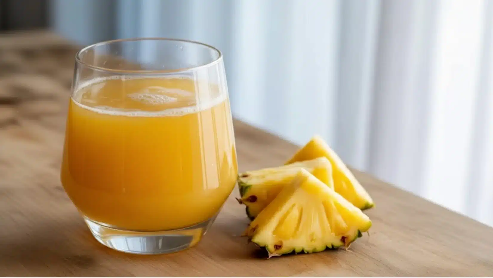 glass of fresh pineapple juice with pineapple slices on wooden table in soft natural daylight setting