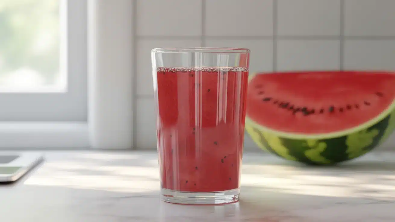 glass of fresh watermelon juice with seeds on countertop beside sliced watermelon in bright kitchen setting