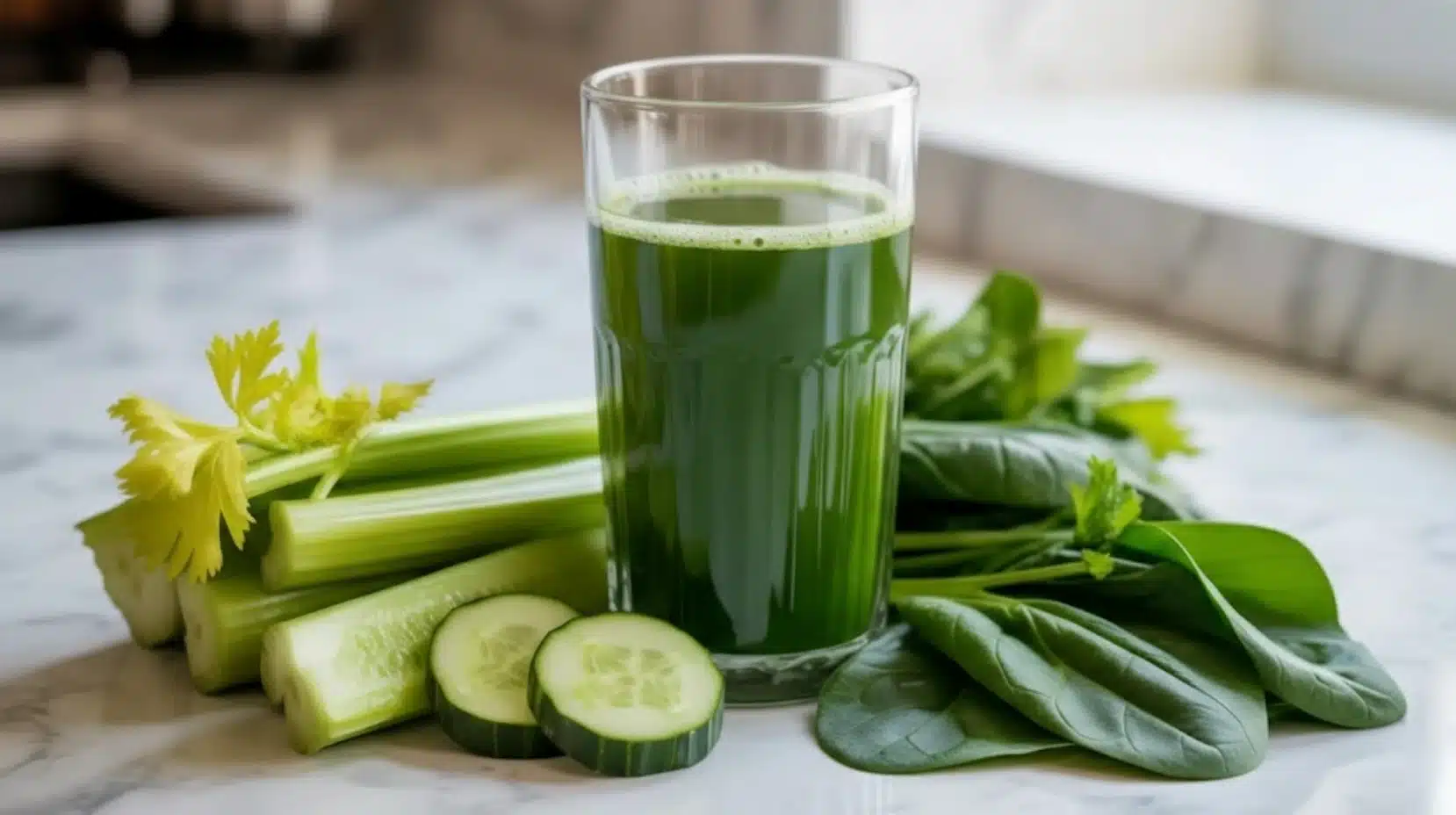 glass of green vegetable juice with celery, cucumber slices, and spinach leaves on kitchen countertop in natural light