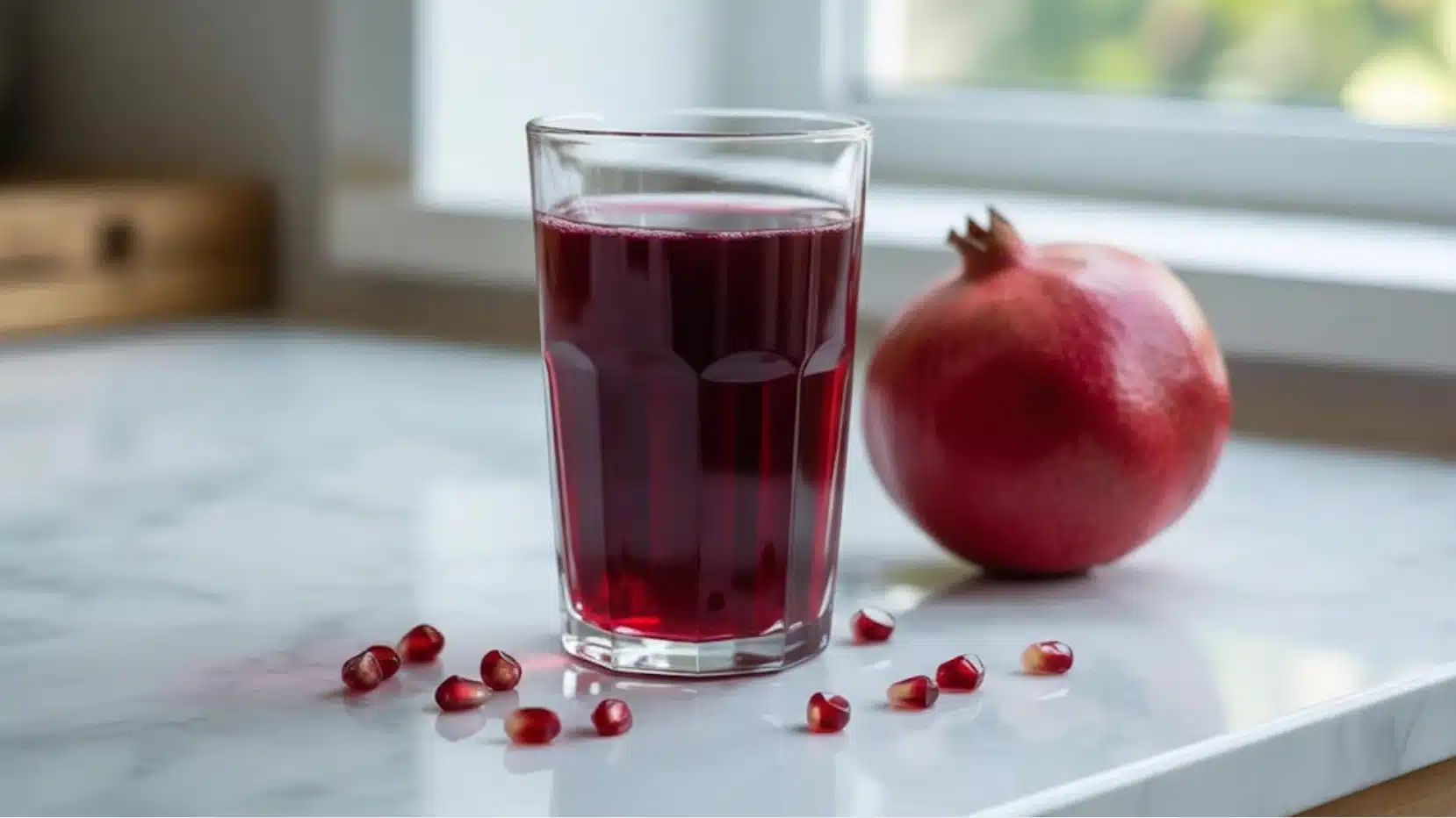 glass of pomegranate juice with fresh pomegranate and scattered seeds on kitchen countertop in natural window light