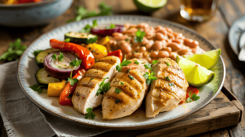 grilled chicken with a side of pinto beans, roasted vegetables, and lime