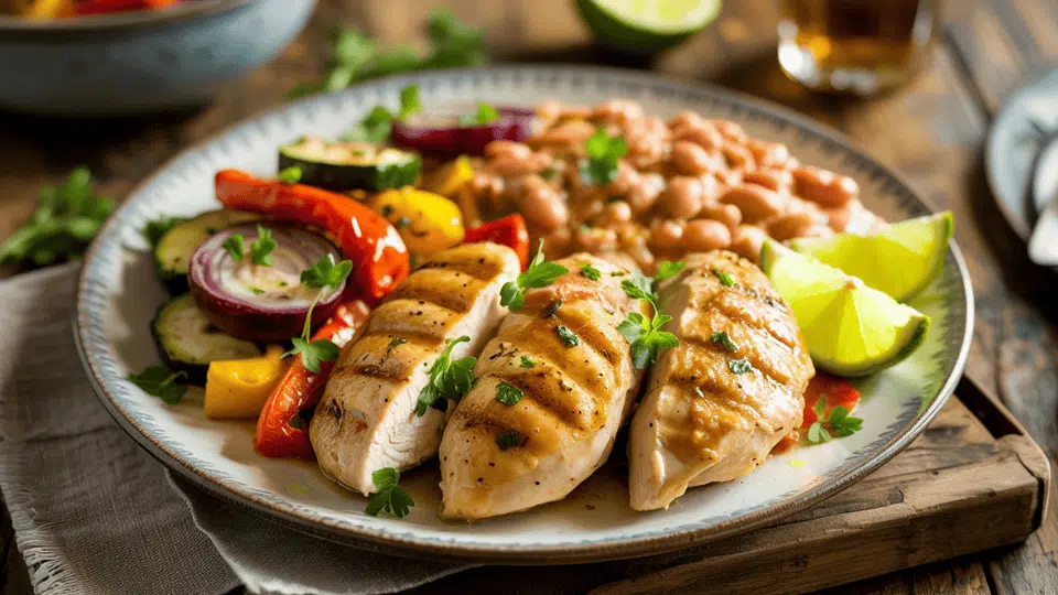 grilled chicken with a side of pinto beans, roasted vegetables, and lime