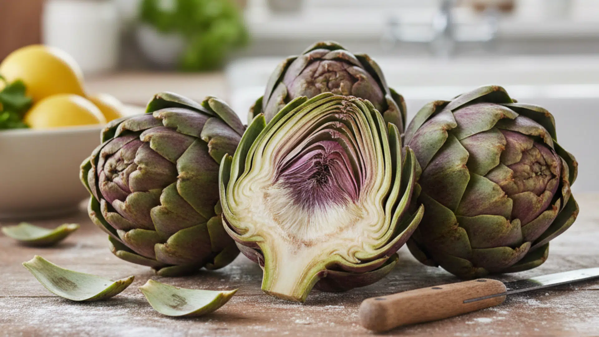 group of whole green artichokes and one halved artichoke showing a purple center on a wooden table with lemons