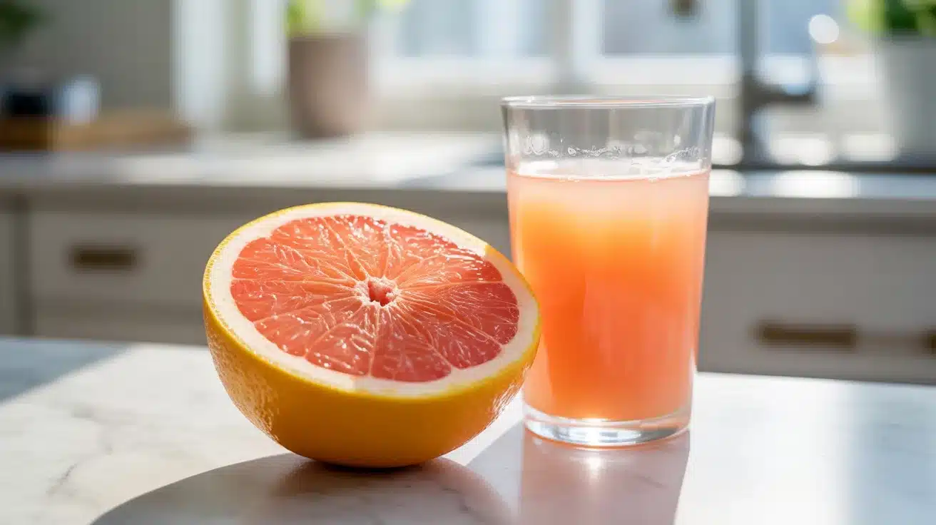 half grapefruit beside glass of fresh grapefruit juice on kitchen countertop in soft natural daylight
