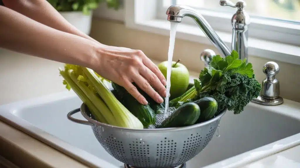 hand rinsing fresh green celery, cucumber, kale, and apple in colander under running kitchen sink water