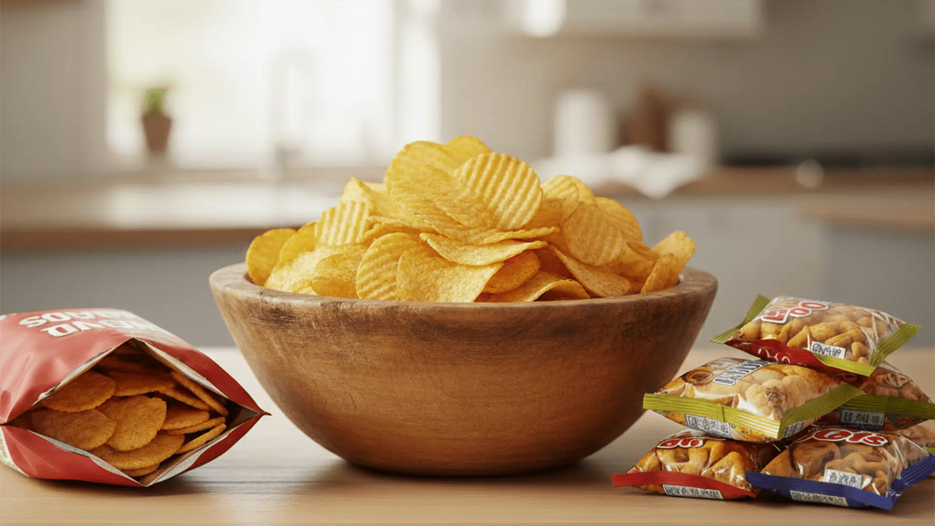 bowl of potato chips with packaged snack bags on the table, showing highly processed salty snack foods in a kitchen setting