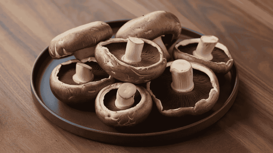 large brown portobello mushrooms with visible gills are arranged on a dark plate atop a polished wooden surface