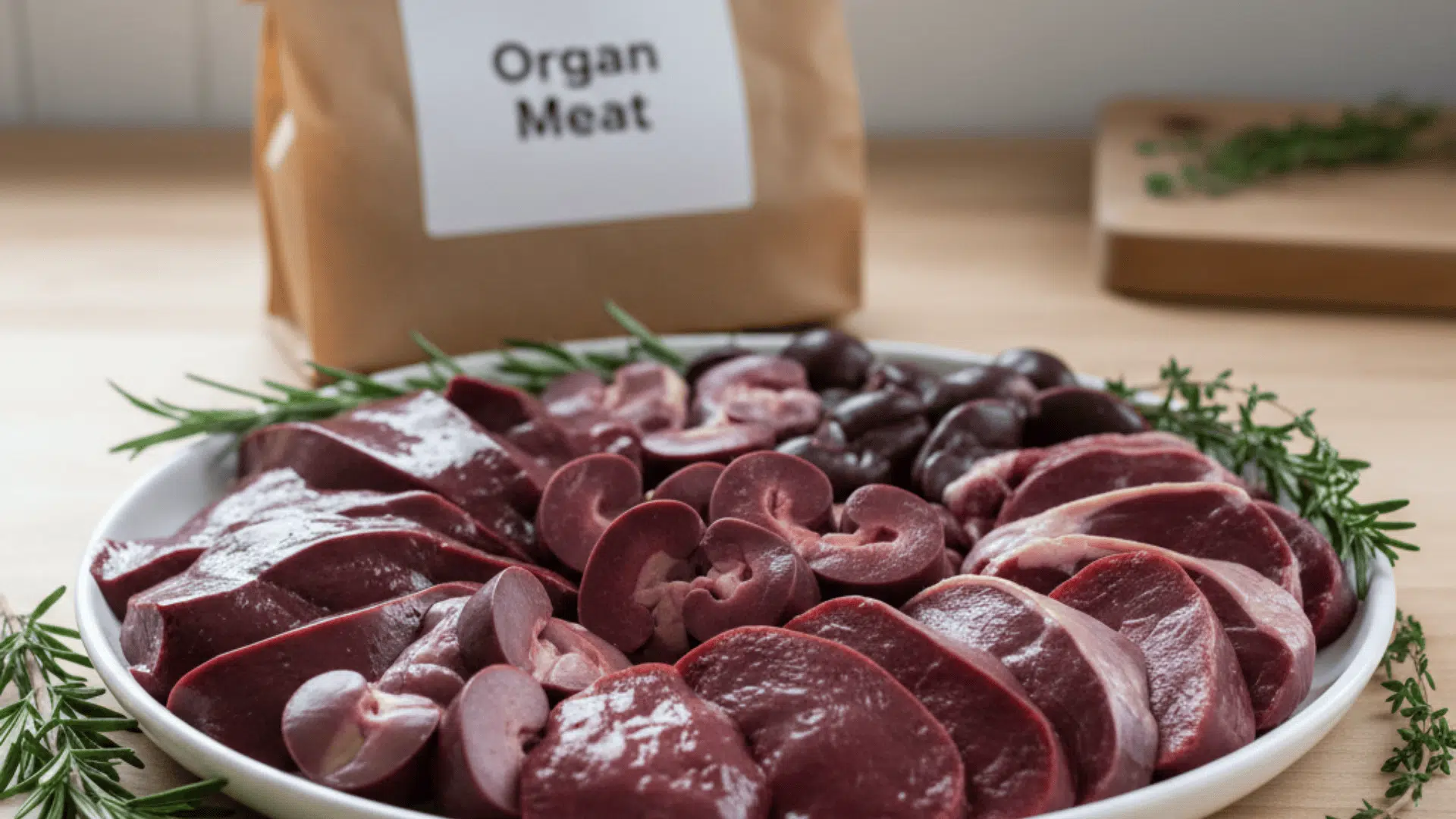 plate of raw organ meats, including liver and kidneys, with herbs on the kitchen counter, and a package labeled organ meat in the background