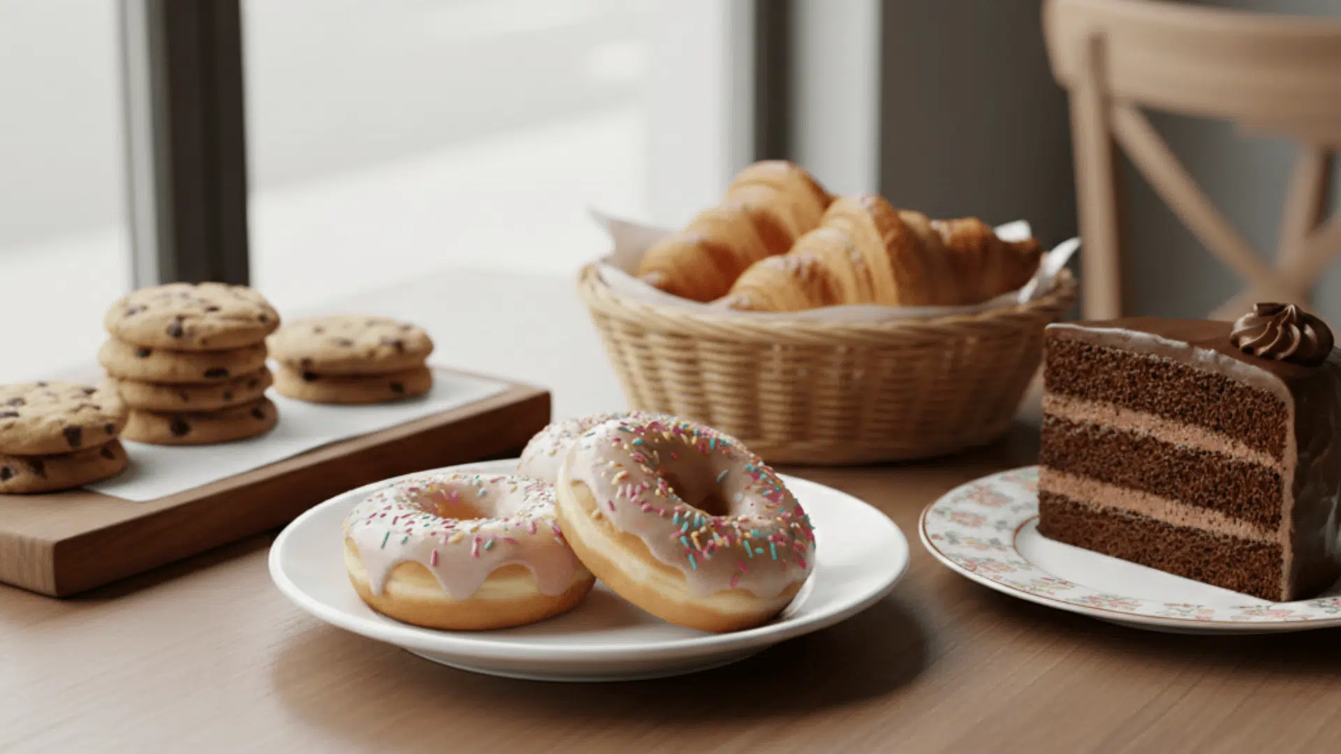 donuts with icing and sprinkles, a chocolate cake slice, cookies, and croissants displayed on a table showing sweet baked goods and pastries