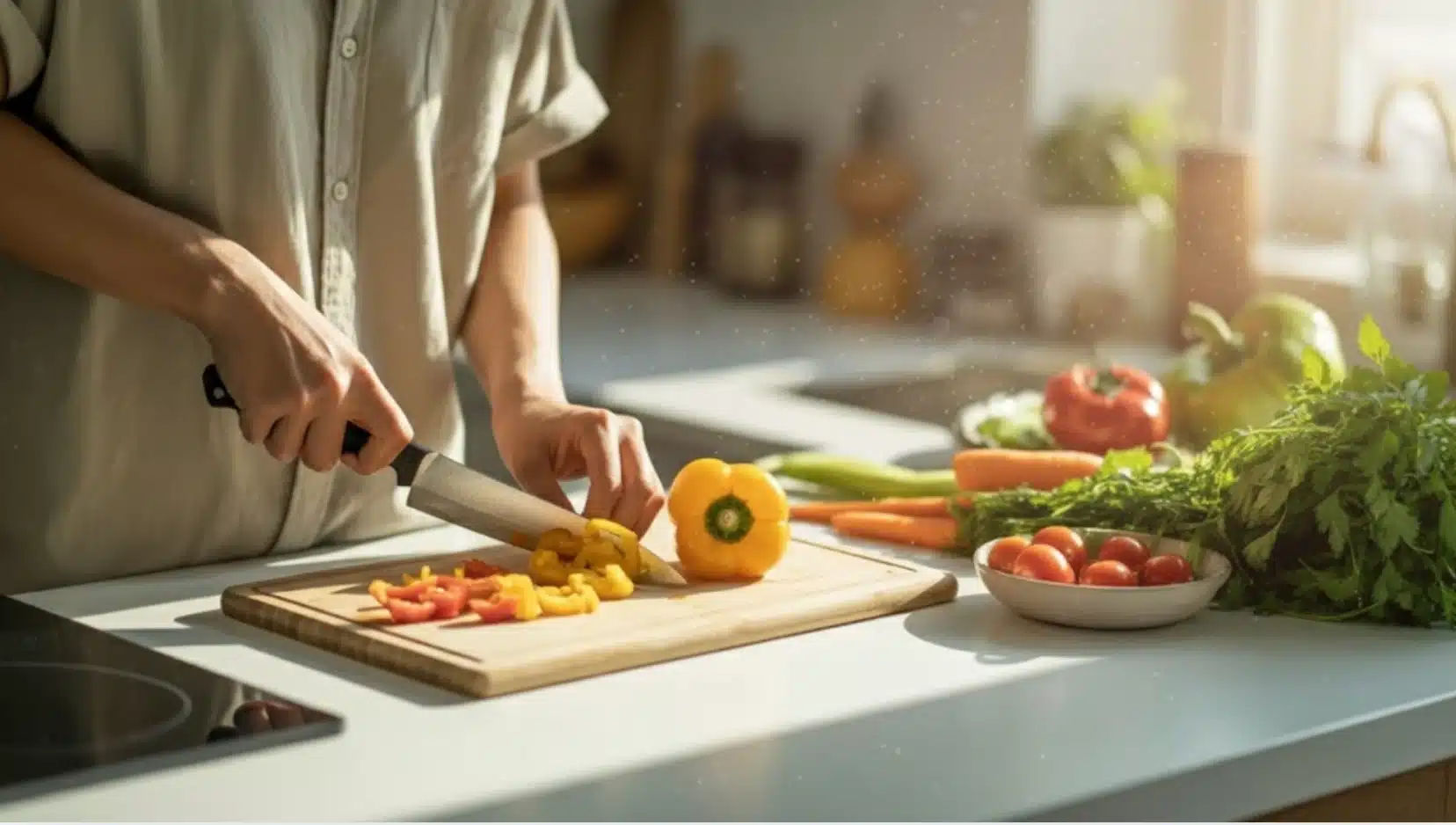 person chopping yellow bell pepper on cutting board with fresh vegetables including carrots, tomatoes, and herbs in kitchen