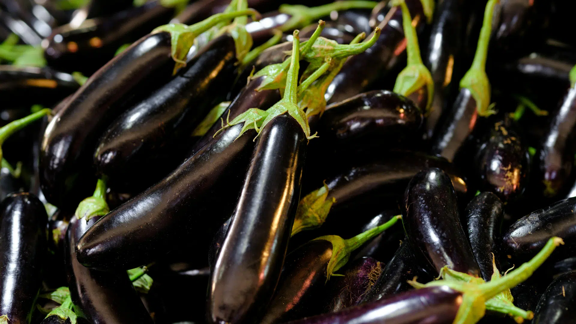 pile of long, slender Japanese eggplants with glossy, deep purple skin and bright green stems, packed closely together