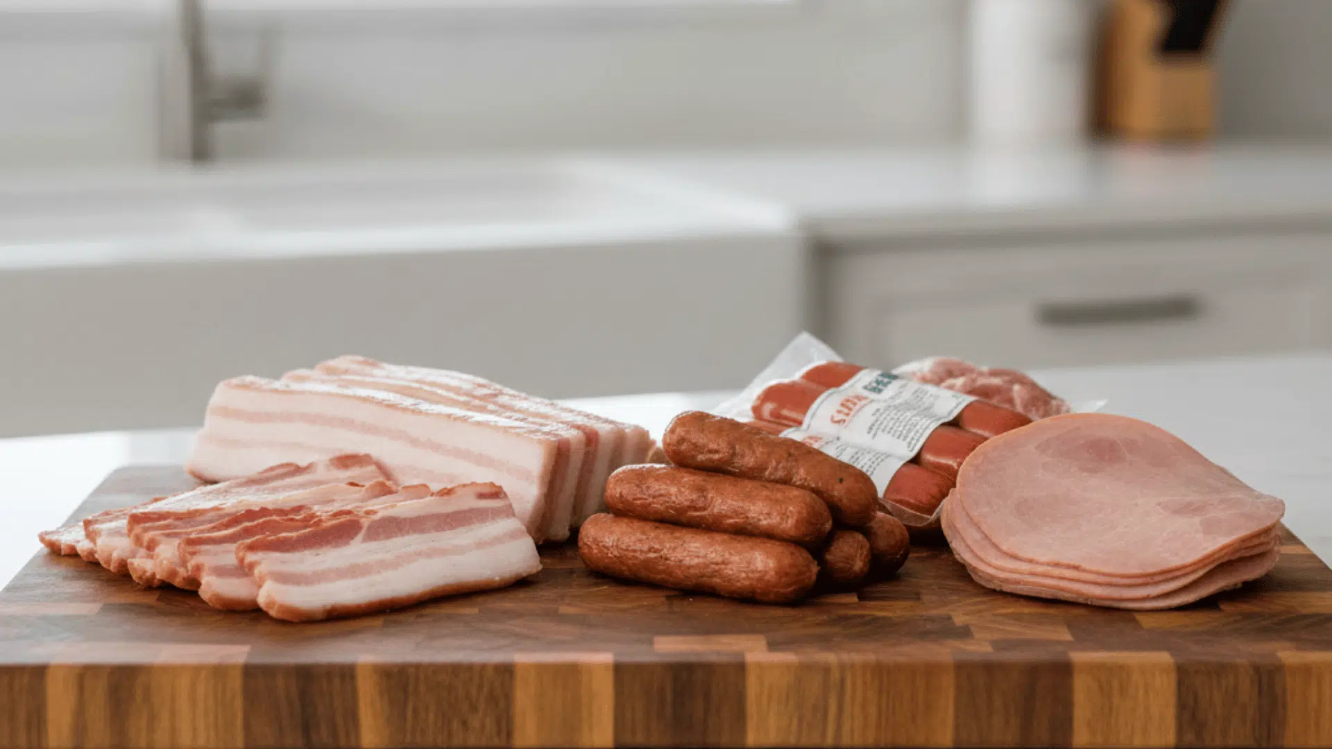 assorted processed meats including bacon, sausages, hot dogs and sliced ham arranged on a wooden cutting board in kitchen