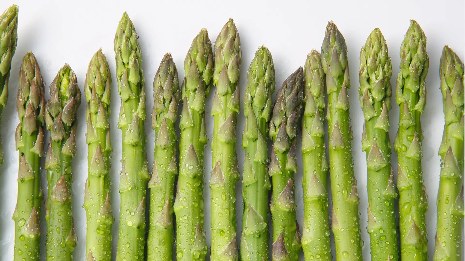 row of fresh, vibrant green asparagus spears covered in water droplets stands vertically against a clean white background