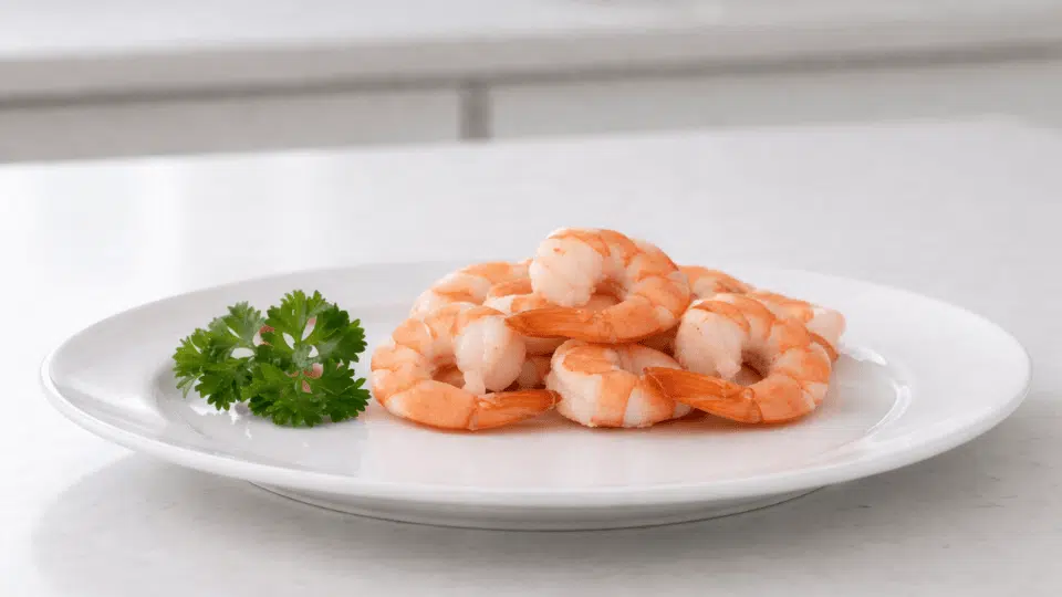 plate of cooked shrimp arranged neatly with parsley garnish on a white dish, representing shellfish seafood ready to eat