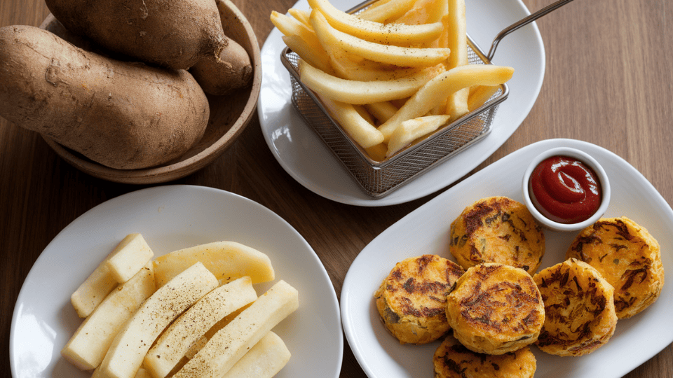 _side-by-side display of yuca in various forms raw root, boiled yuca, fries, and a healthy dish
