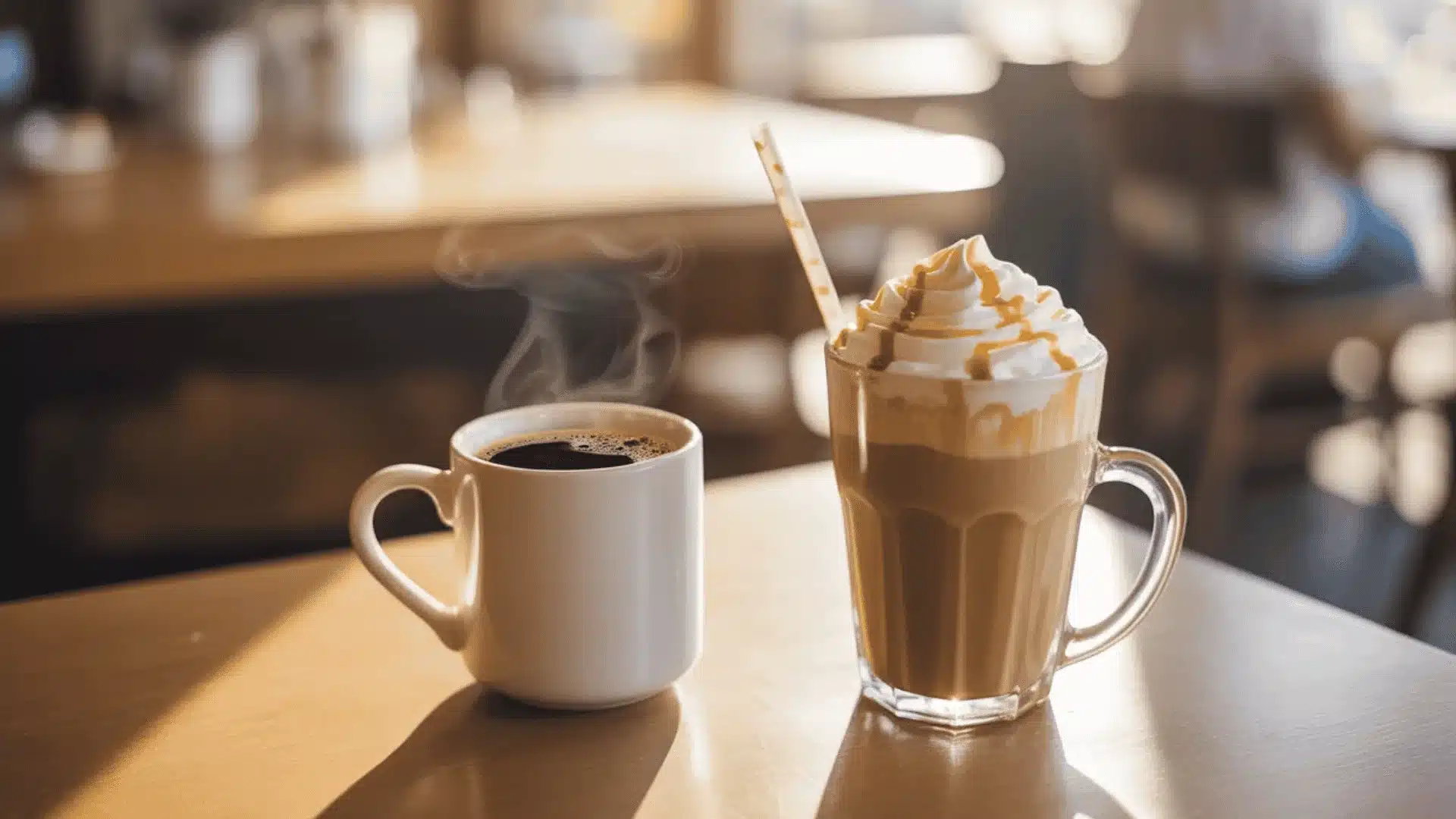 simple black coffee in a white mug beside a whipped cream caramel latte on a wooden table in warm morning light