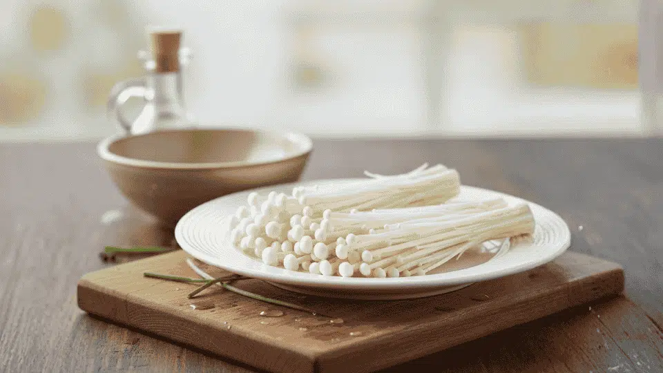 slender white enoki mushrooms with small caps are arranged on a white plate on a wooden board next to a small bowl