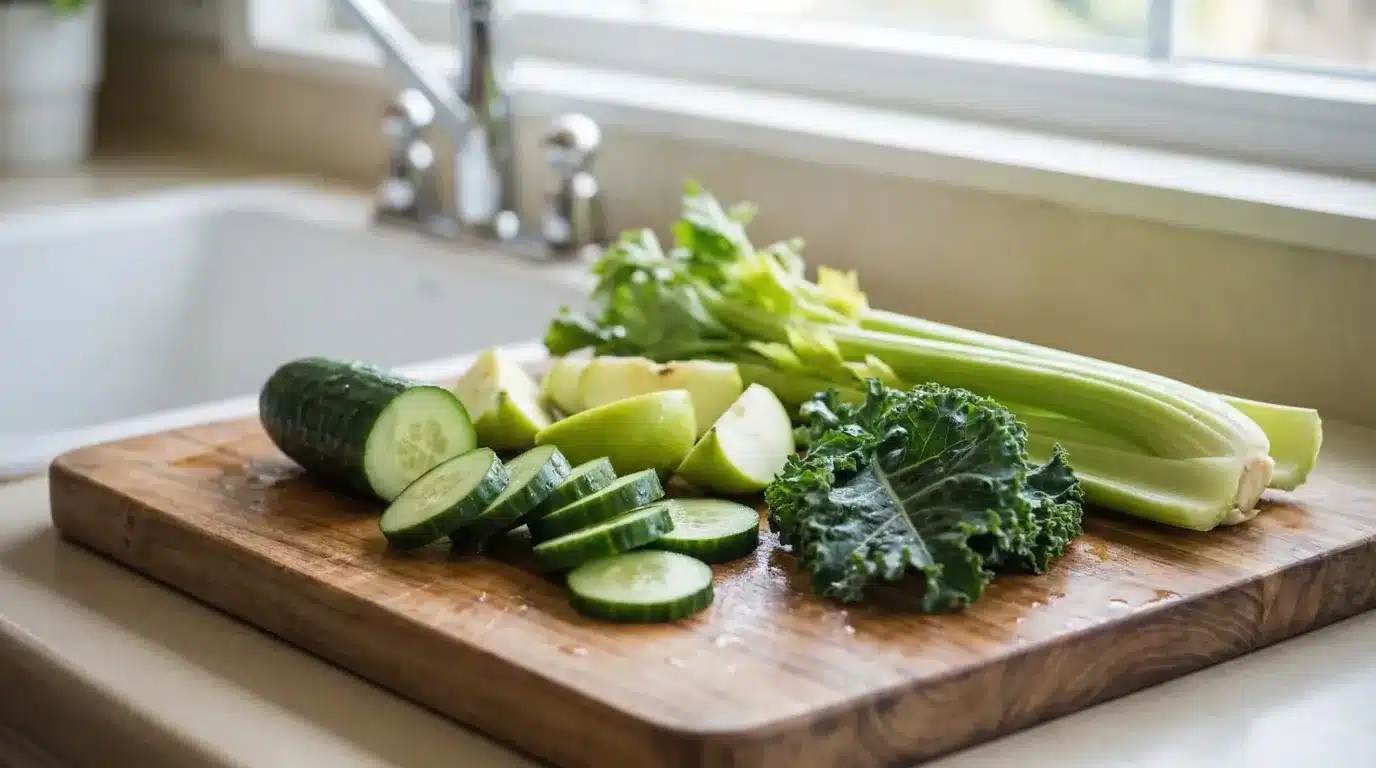 sliced cucumber, green apple pieces, celery stalks, and kale leaves arranged on wooden cutting board near kitchen sink