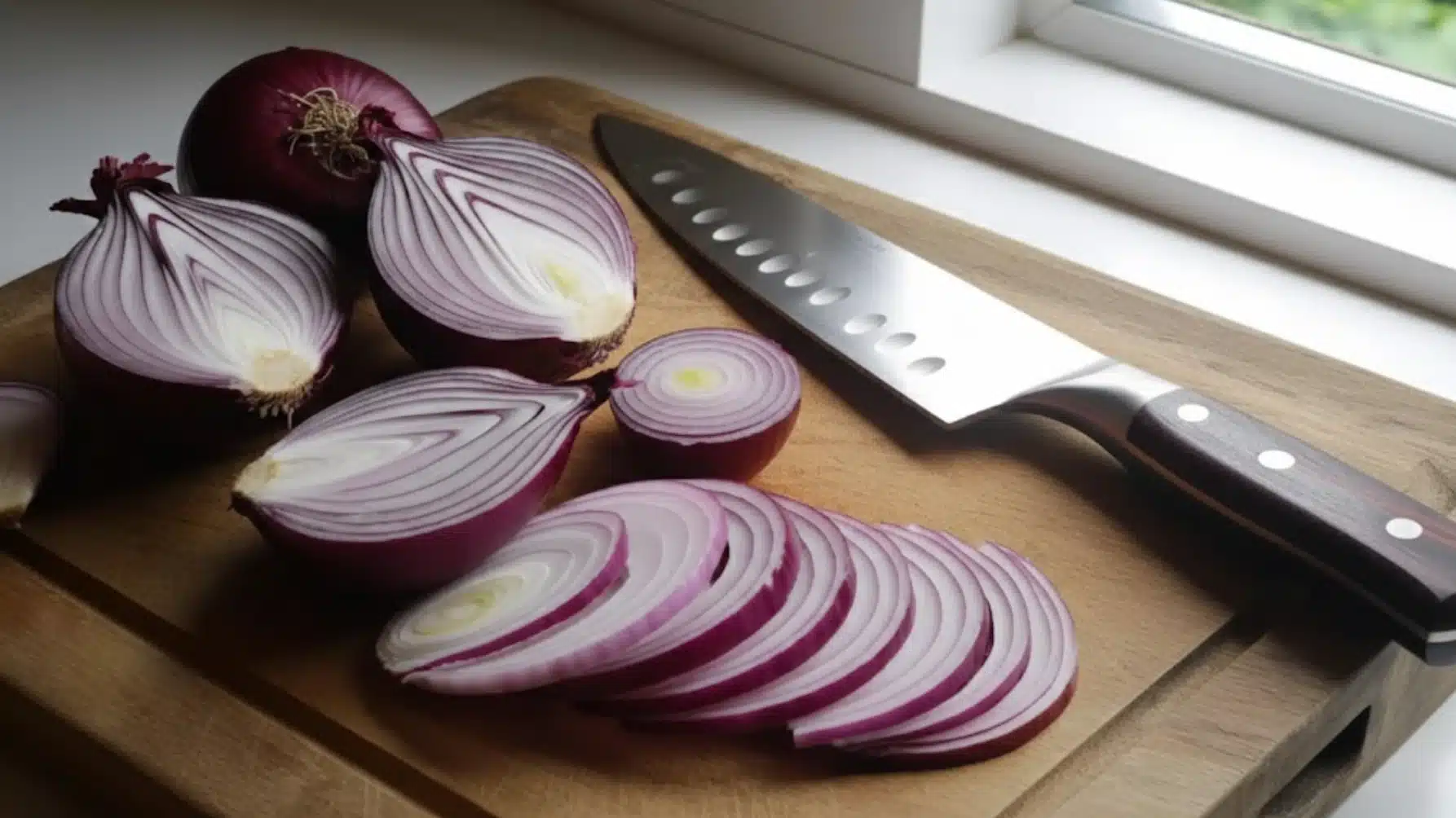 sliced red onions and whole halves on wooden cutting board beside chef knife near window with natural kitchen lighting