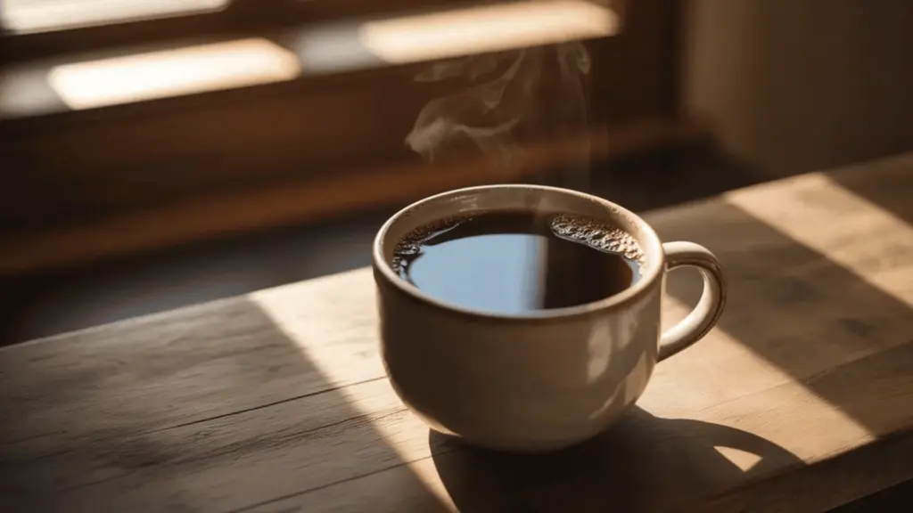steaming black coffee in a white mug on a rustic wooden table with soft morning light and gentle steam rising