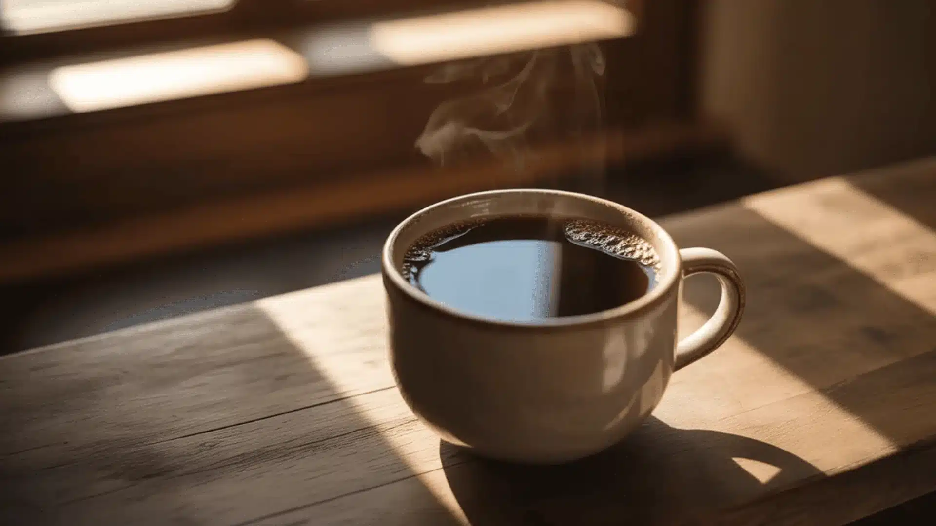 steaming black coffee in a white mug on a rustic wooden table with soft morning light and gentle steam rising