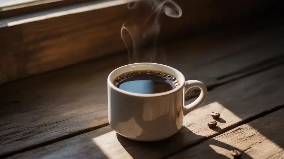 steaming black coffee in white mug on rustic wooden table with scattered beans and warm light