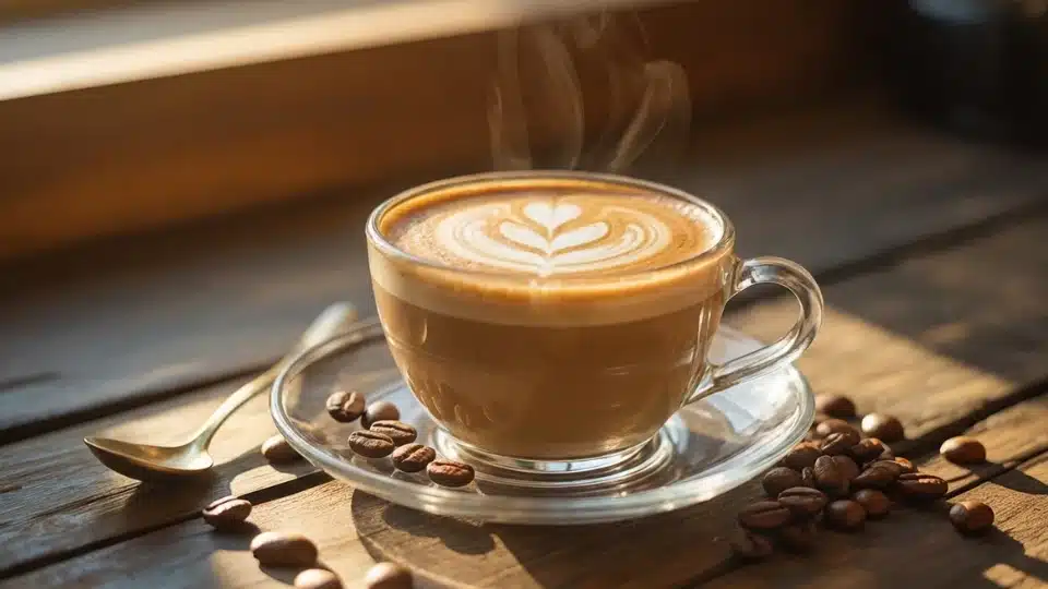 steaming coffee with milk in clear glass cup with heart art on rustic wooden table with beans and spoon