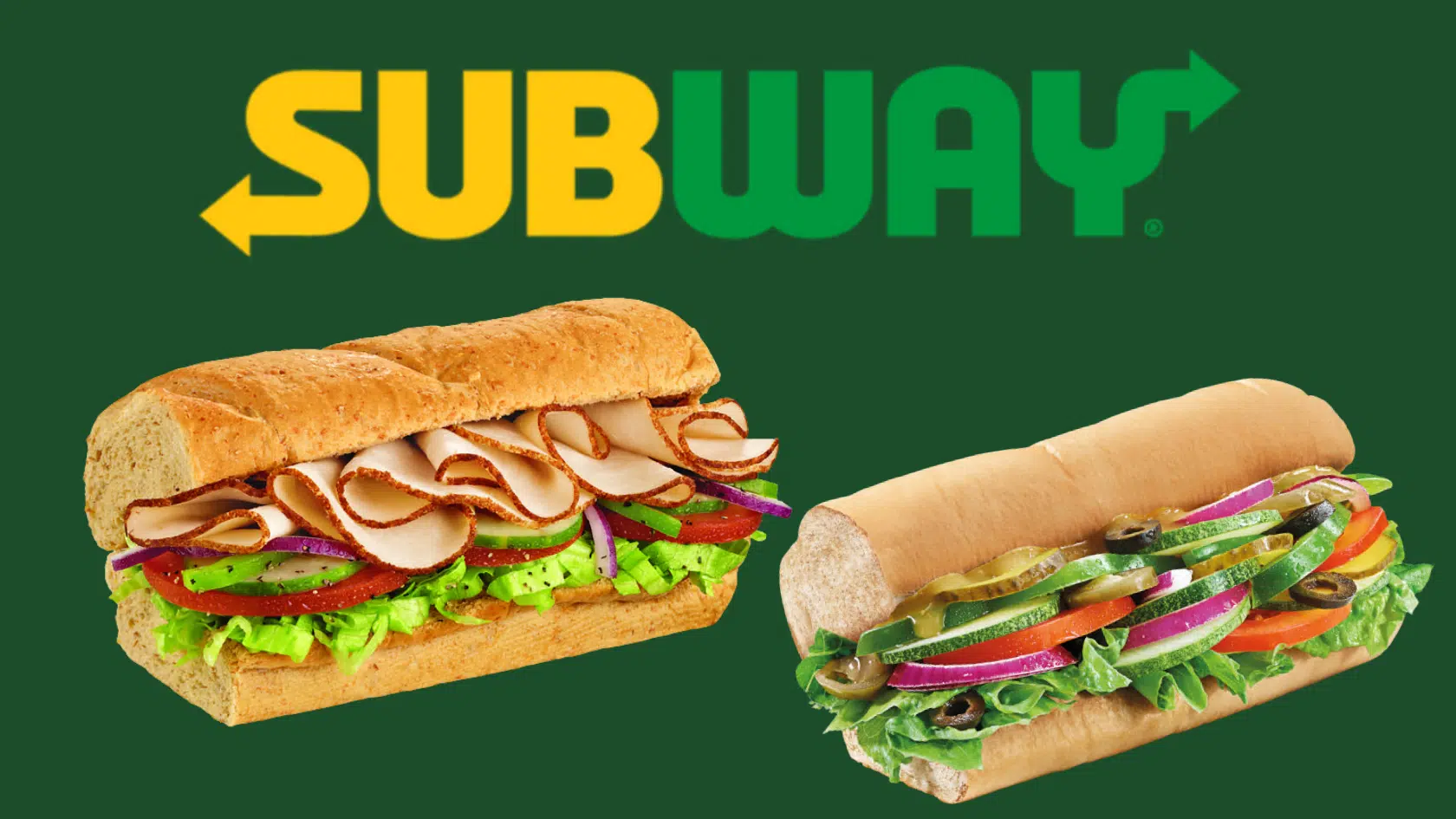 subway logo centered with 6-inch turkey breast sandwich and veggie delite on each side