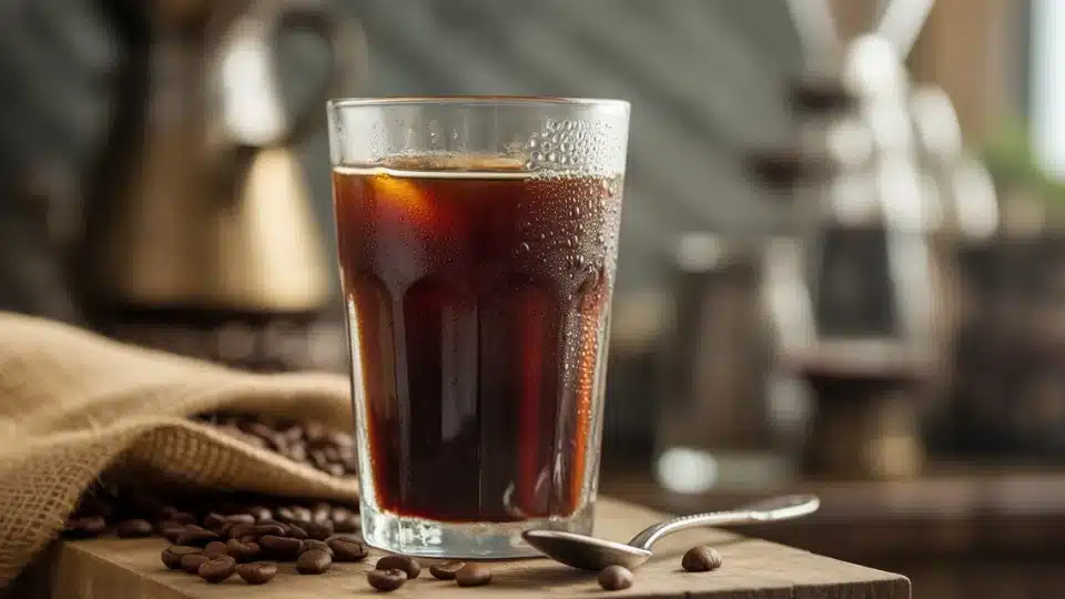tall glass of cold brew with ice on rustic wooden table with scattered beans and spoon