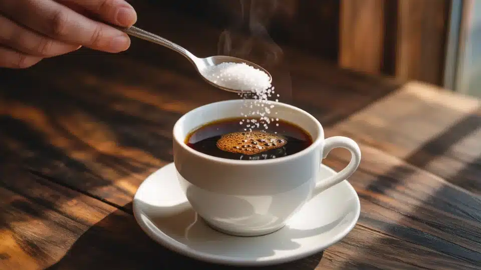 tall glass of iced coffee with large ice cubes on white marble surface in warm natural light (1)