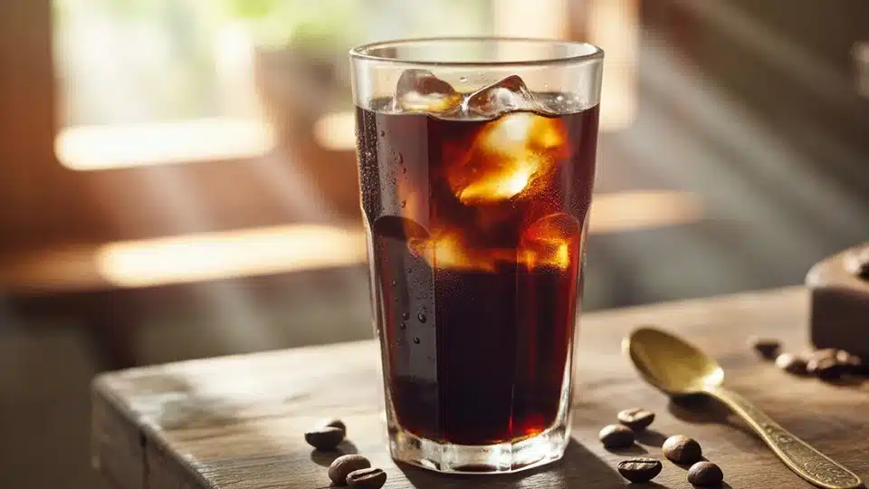 tall glass of iced coffee with large ice cubes on white marble surface in warm natural light