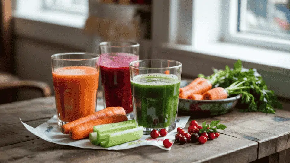 three glasses of juice, carrot, cranberry, and celery, surrounded by fresh carrots, celery, and cranberries on a table