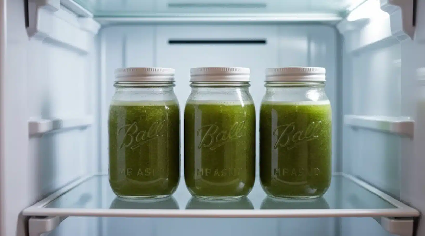 three mason jars filled with green detox juice stored on refrigerator shelf for fresh meal prep and daily use