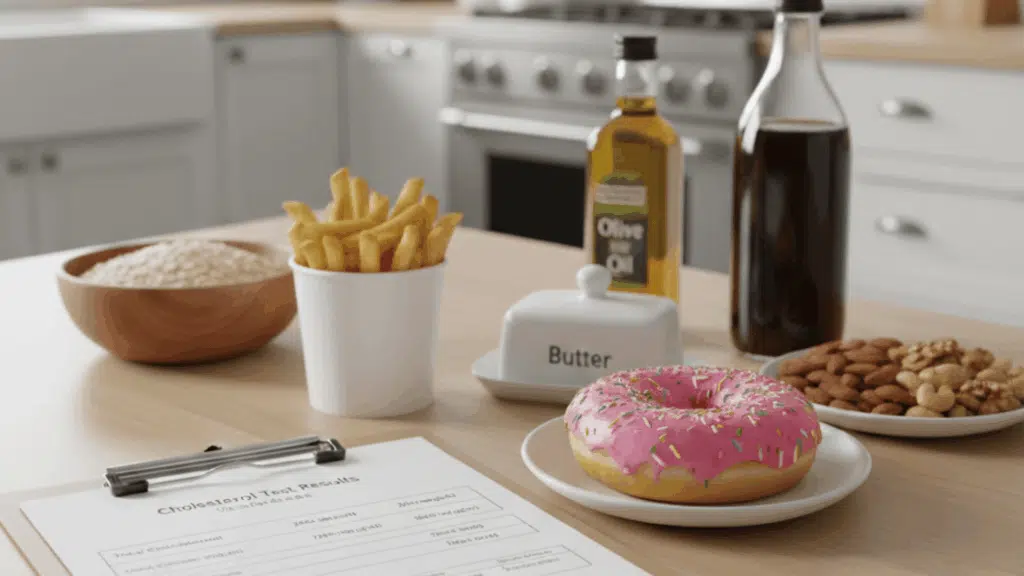 donut, fries, butter, oils, nuts, and lab cholesterol test report on the table illustrating foods linked to high cholesterol levels