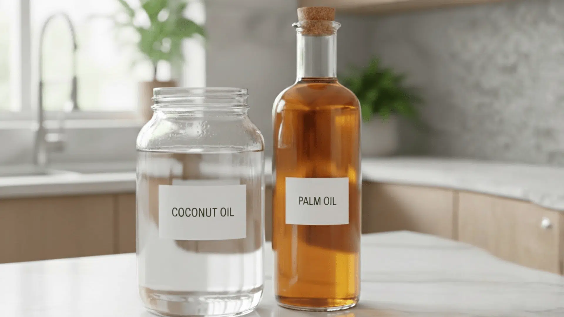 jar of coconut oil and bottle of palm oil on kitchen counter showing tropical oils used in cooking products