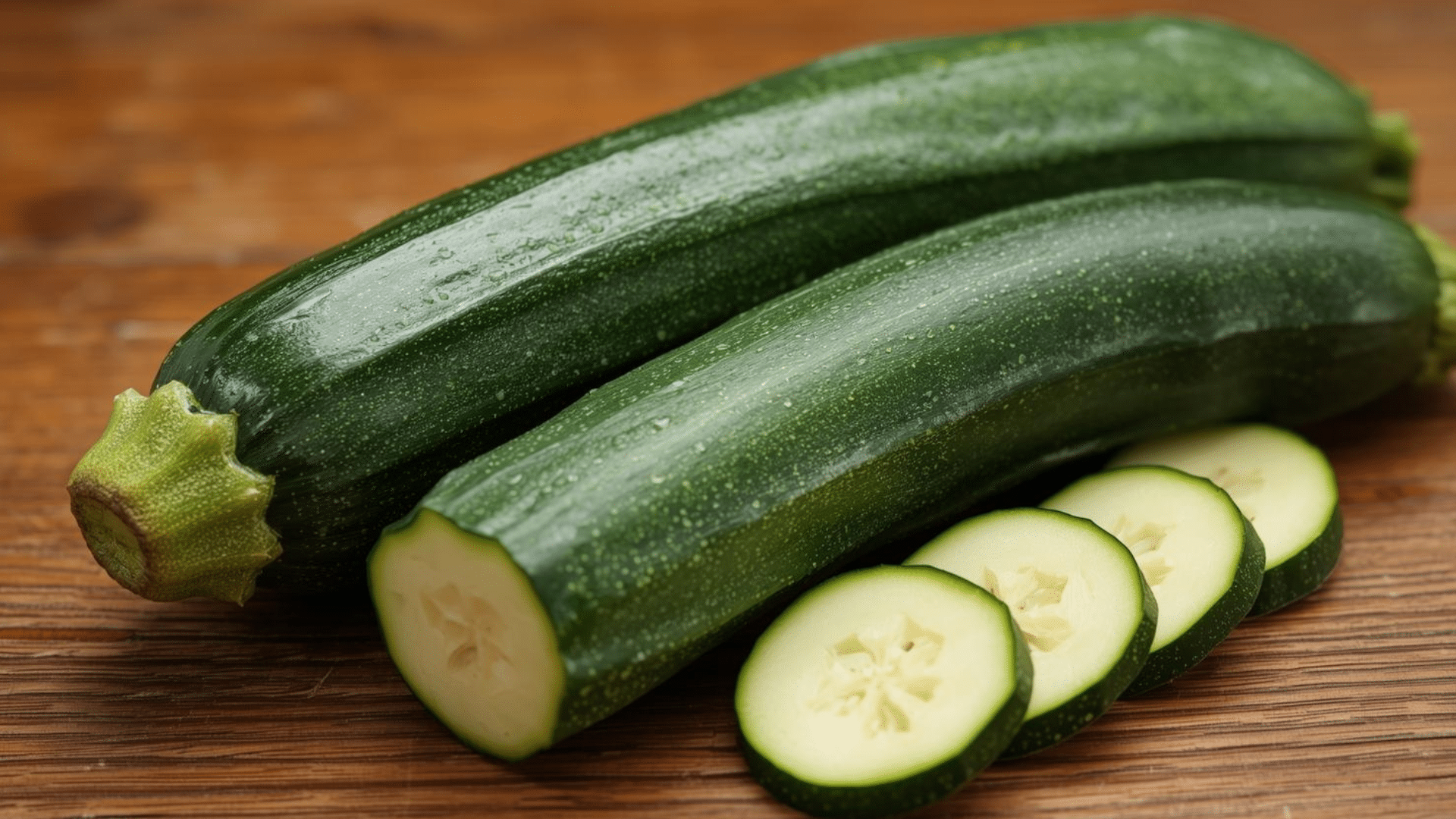 two fresh, dark green zucchinis with speckled skin lie on a wooden surface, one sliced into round, pale green discs