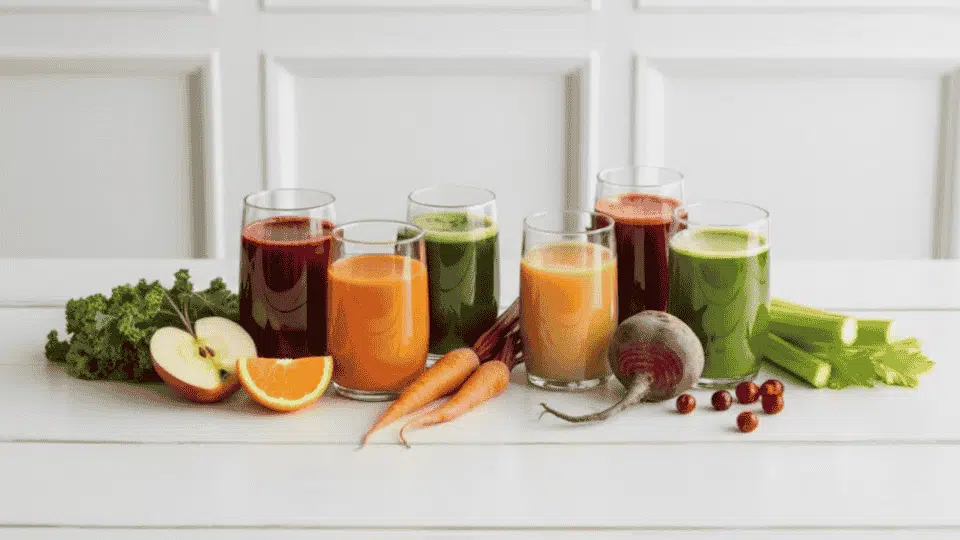 various juices in glasses, with fresh ingredients like kale, apples, oranges, carrots, celery, beetroot, and cranberries
