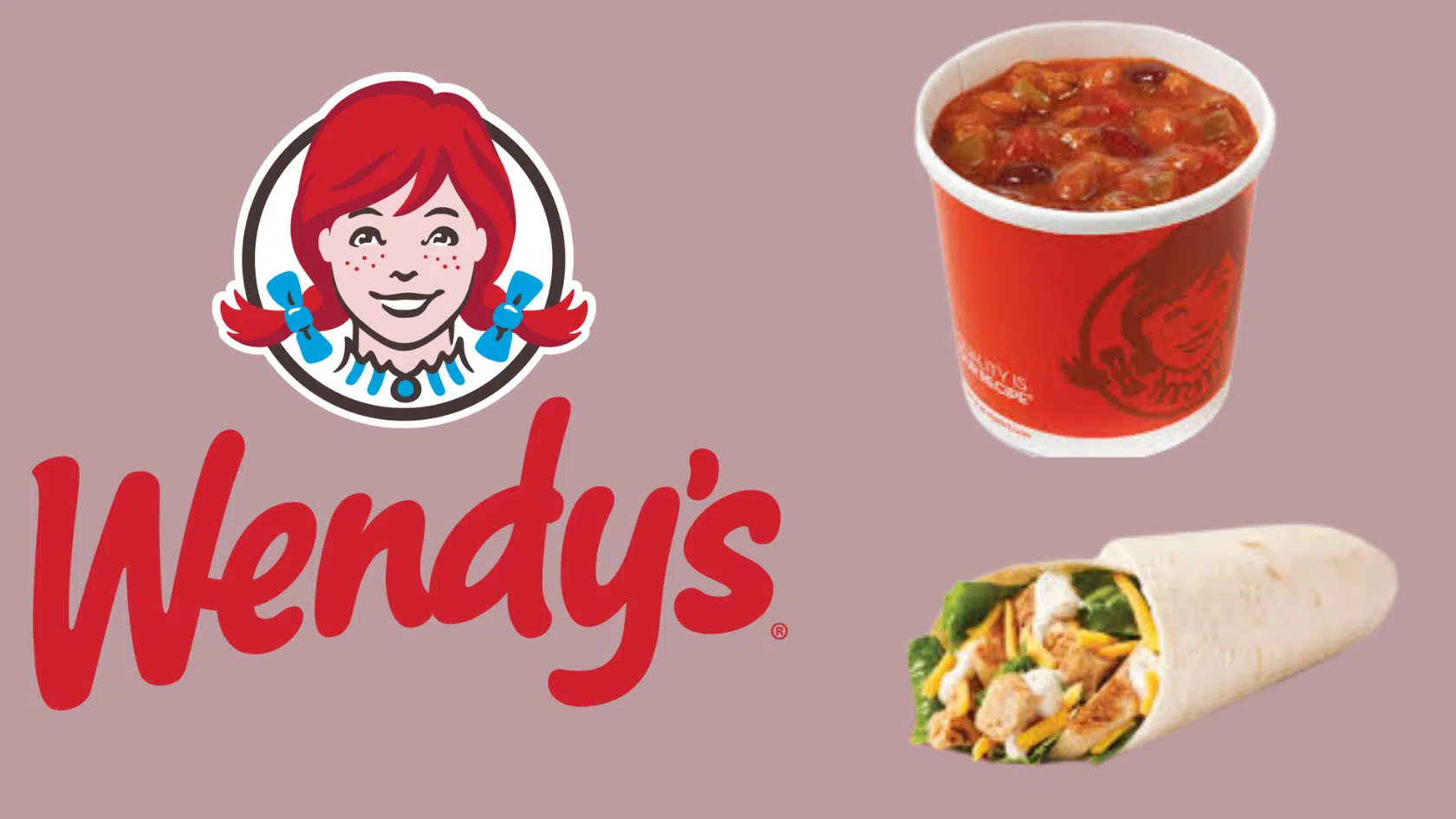 wendy’s logo centered with small chili and grilled chicken wrap on each side