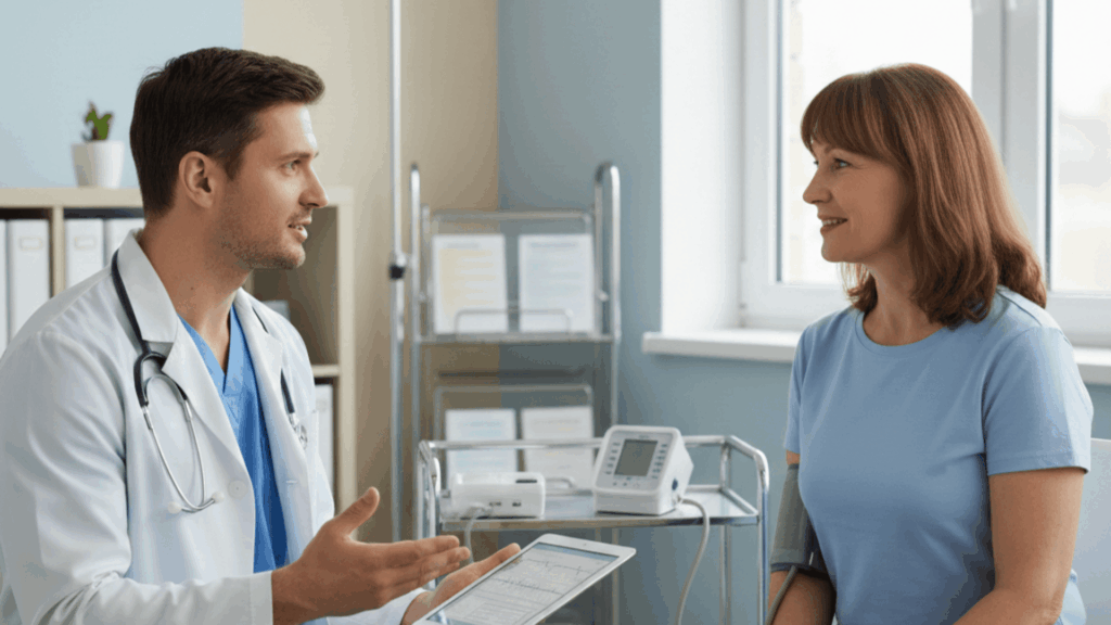 doctor showing patient information on tablet during consultation in medical office