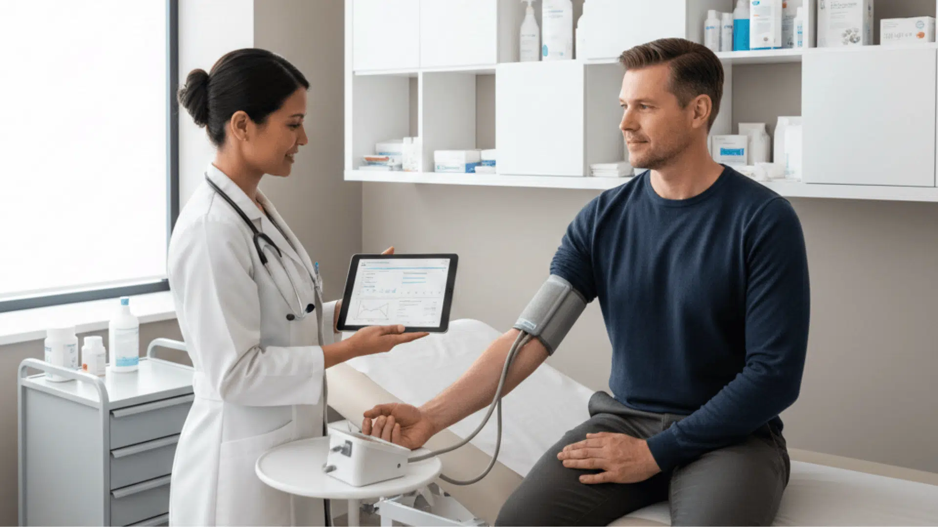 doctor holding tablet showing data to male patient having blood pressure measured in clinic