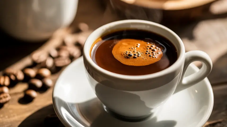 white espresso cup with crema on wooden table and scattered coffee beans in warm light