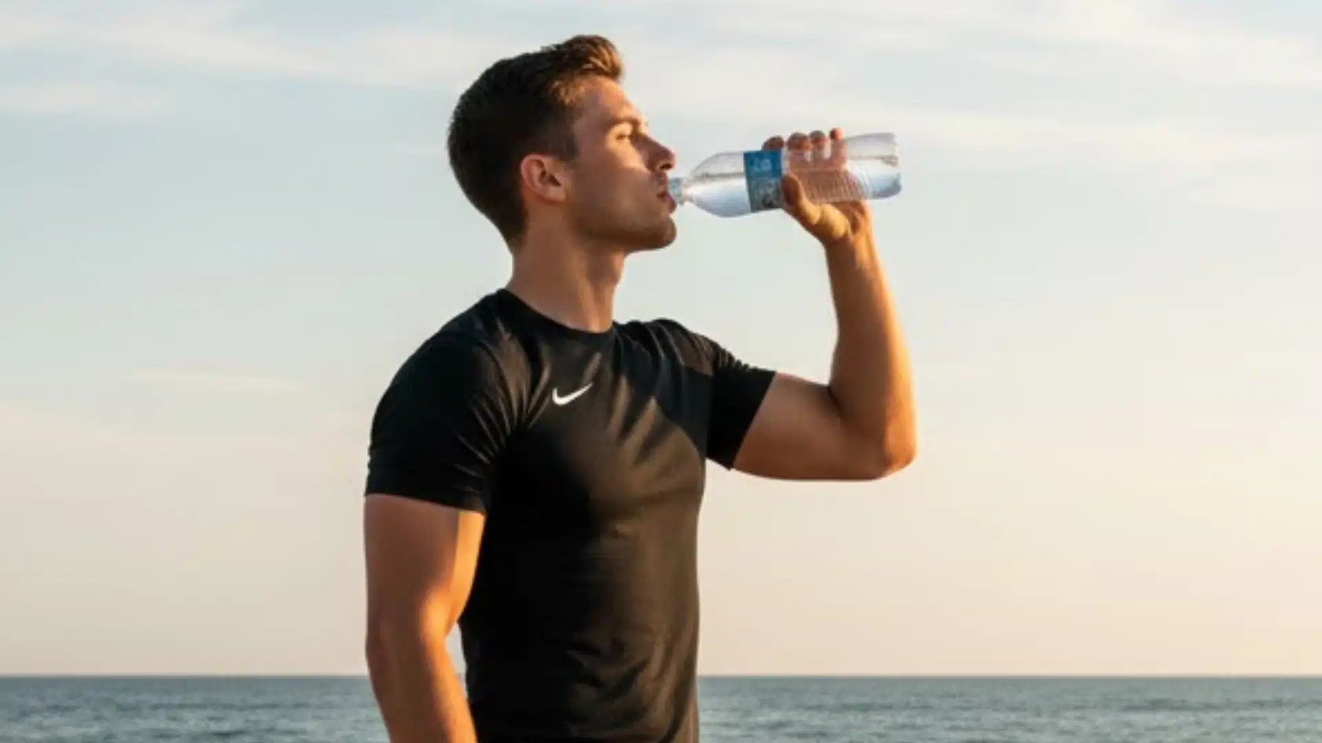 young man in a nike athletic shirt drinking water on a beach at sunset with ocean waves in the background.