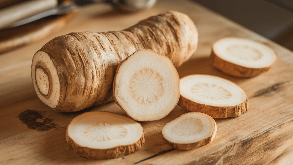 _yuca roots and slices arranged on a wooden surface