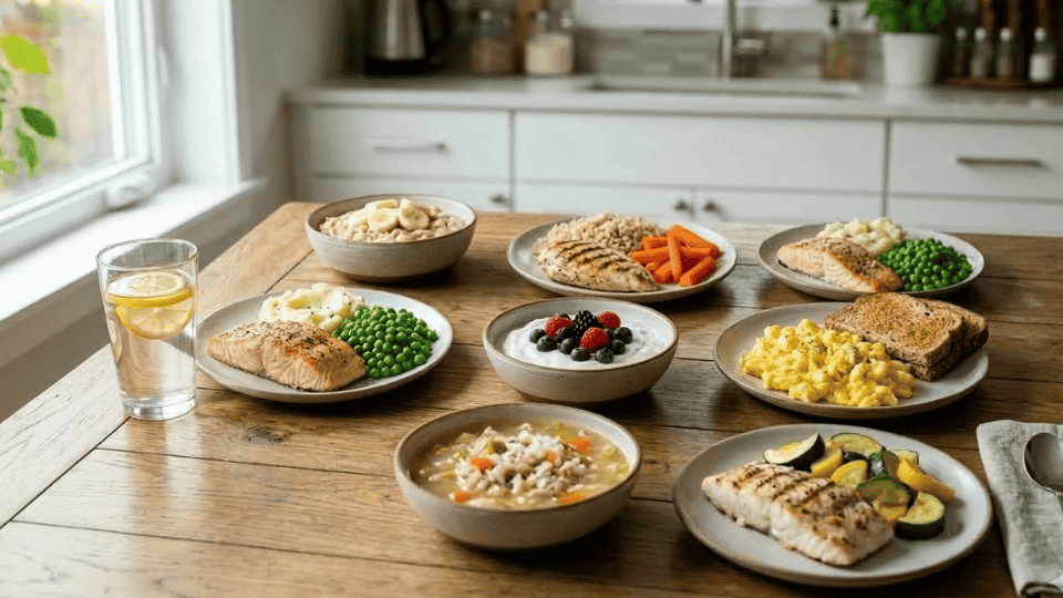 7 ulcer-friendly meals on a wooden table including oatmeal, grilled chicken, fish, yogurt, eggs, soup, and vegetables in a bright kitchen