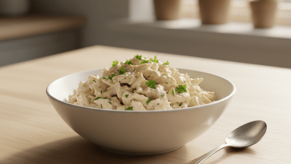 A bowl of finely shredded chicken salad mixed with creamy dressing, garnished with fresh parsley, placed on a wooden table